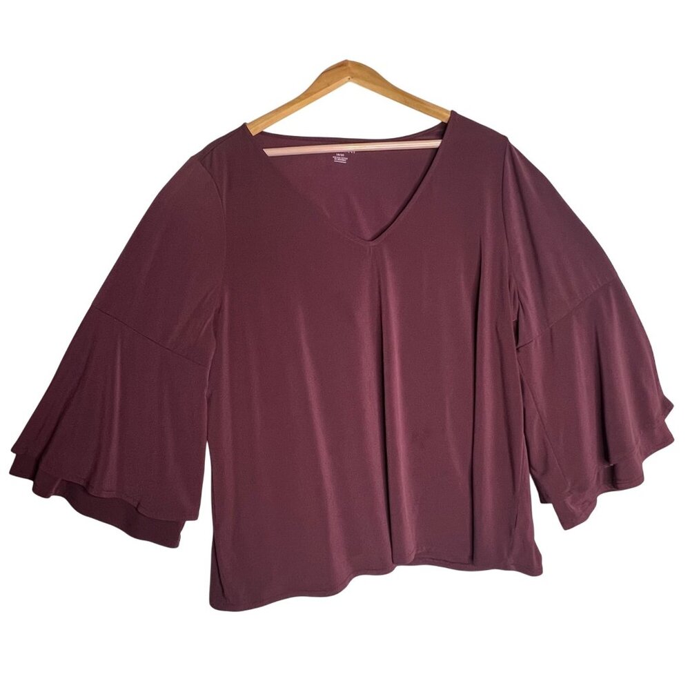 Lane Bryant Burgundy Bell 3/4 Sleeve V-Neck Blouse 18/20 Women Pullover Comfy